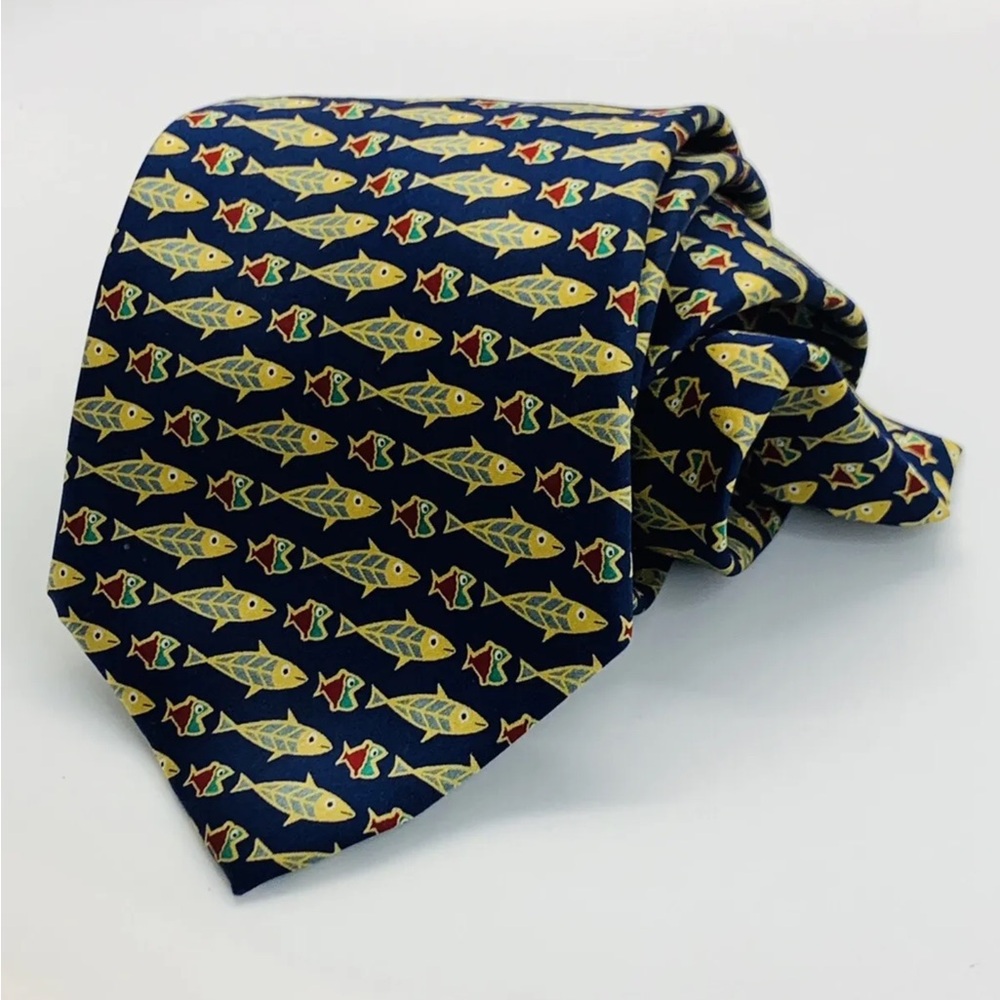 Lester Lampert Chicago Corporate Navy Gold Burgundy Fish Tie 100% Silk 3.5”X 61” - Picture 3 of 5
